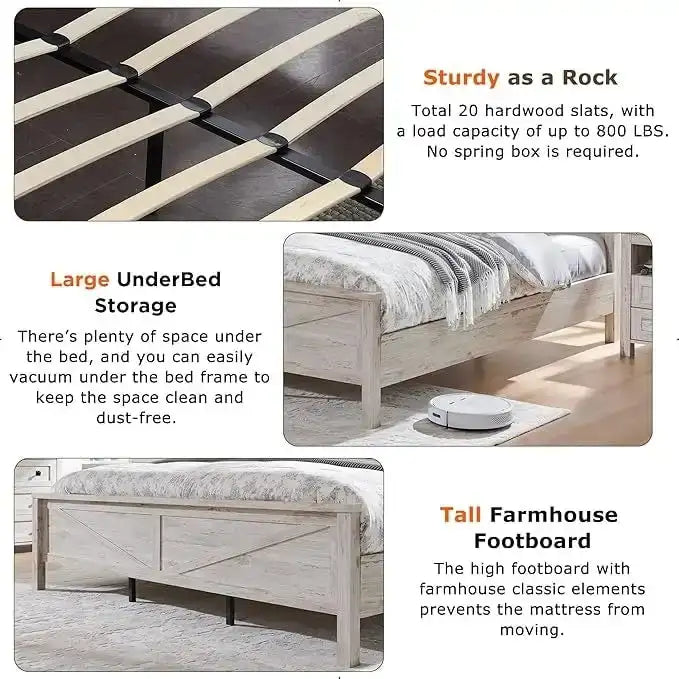 Farmhouse Full Size Bed Frame with Storage Shelves & Charging Station