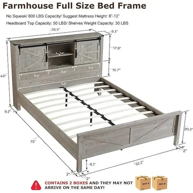 Farmhouse Full Size Bed Frame with Storage Shelves & Charging Station