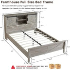 Farmhouse Full Size Bed Frame with Storage Shelves & Charging Station
