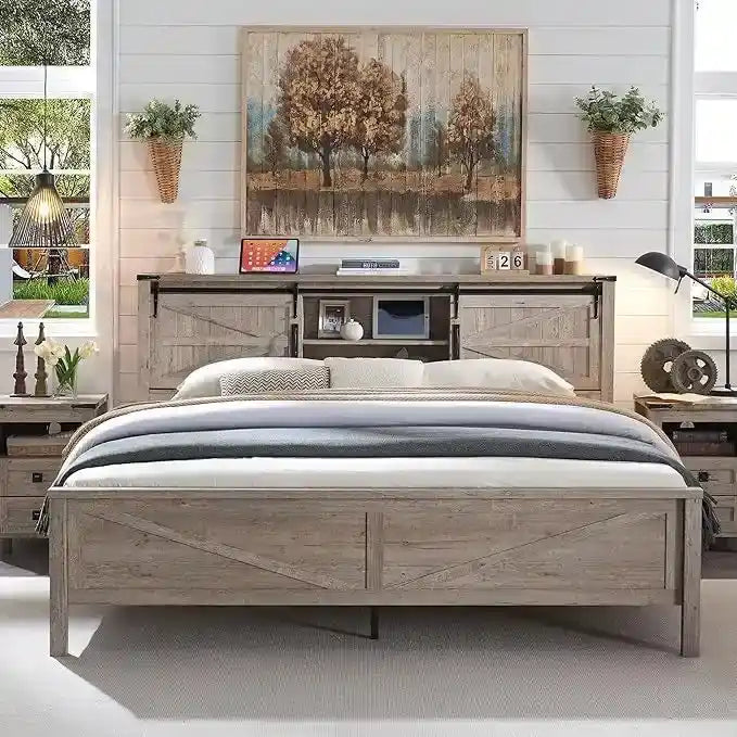 Farmhouse Full Size Bed Frame with Storage Shelves & Charging Station