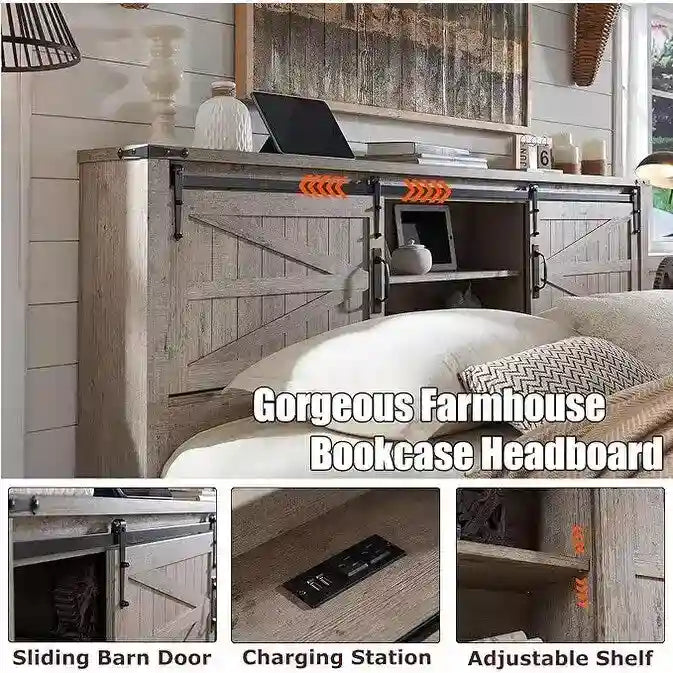 Farmhouse Full Size Bed Frame with Storage Shelves & Charging Station