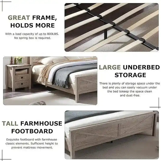 Farmhouse Full Size Bed Frame with Storage Shelves & Charging Station