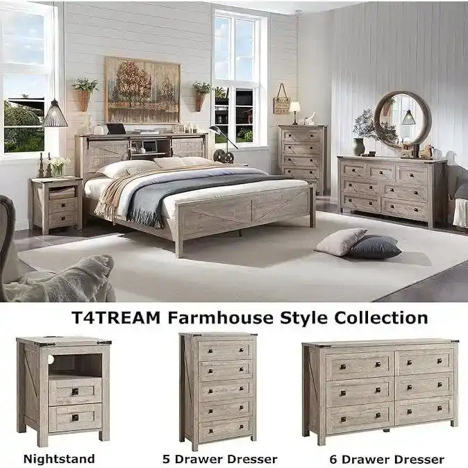 Farmhouse Full Size Bed Frame with Storage Shelves & Charging Station