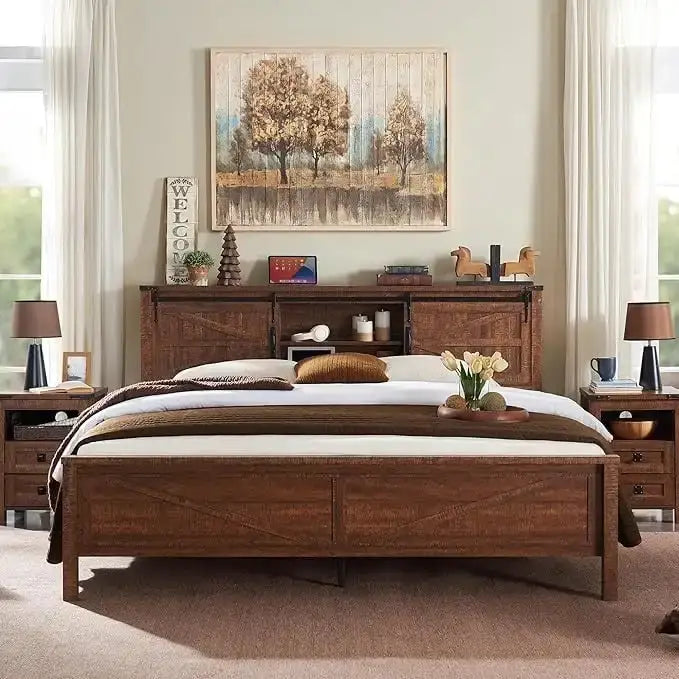 Farmhouse Full Size Bed Frame with Storage Shelves & Charging Station
