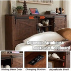 Farmhouse Full Size Bed Frame with Storage Shelves & Charging Station