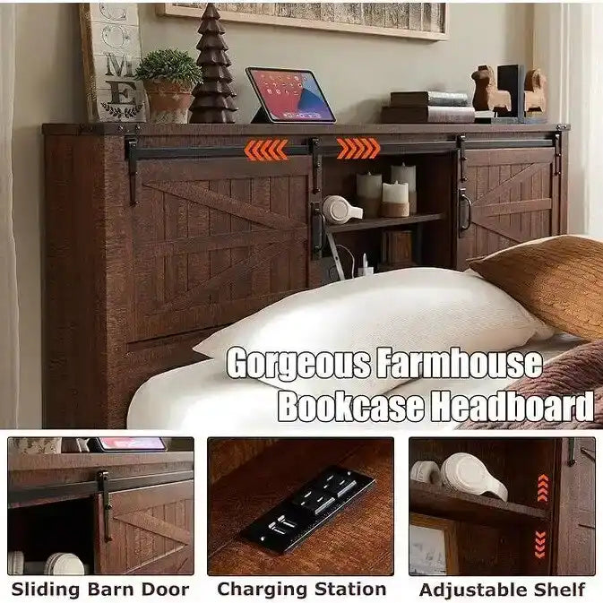Farmhouse Full Size Bed Frame with Storage Shelves & Charging Station