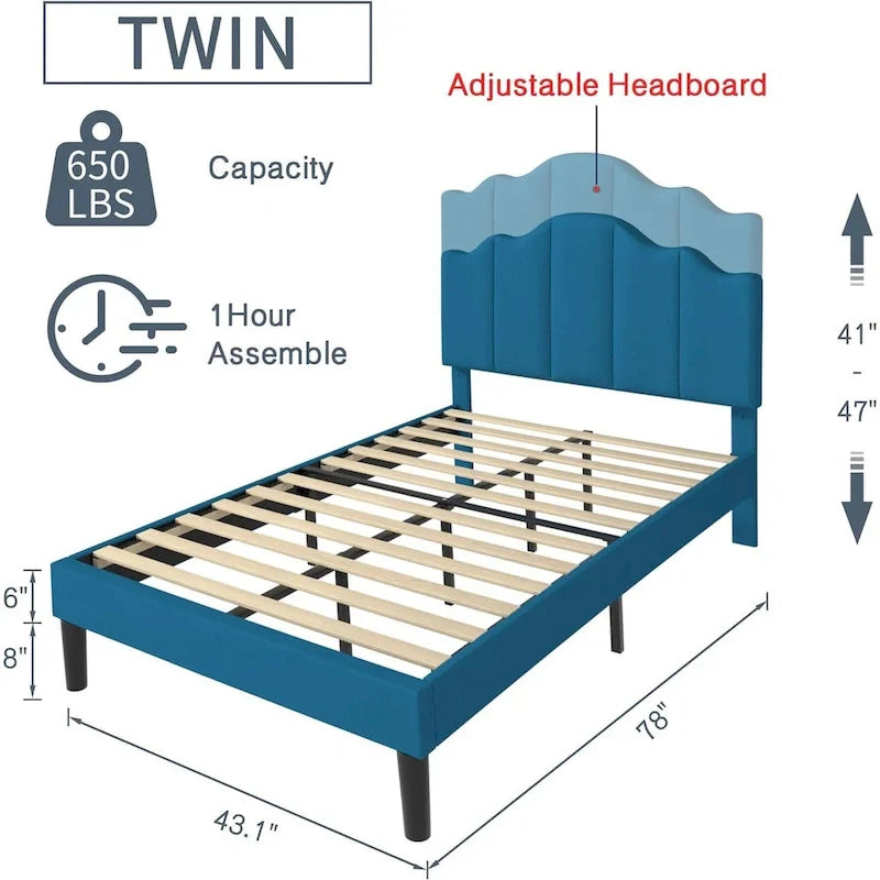 Javlergo Upholstered Platform Bed Frame with Adjustable Headboard, Wood Slat Support and Noise-Free, No Box Spring Needed