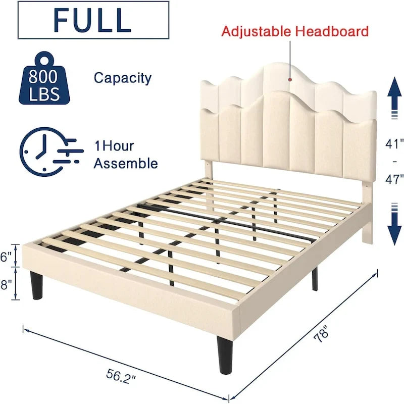 Javlergo Upholstered Platform Bed Frame with Adjustable Headboard, Wood Slat Support and Noise-Free, No Box Spring Needed