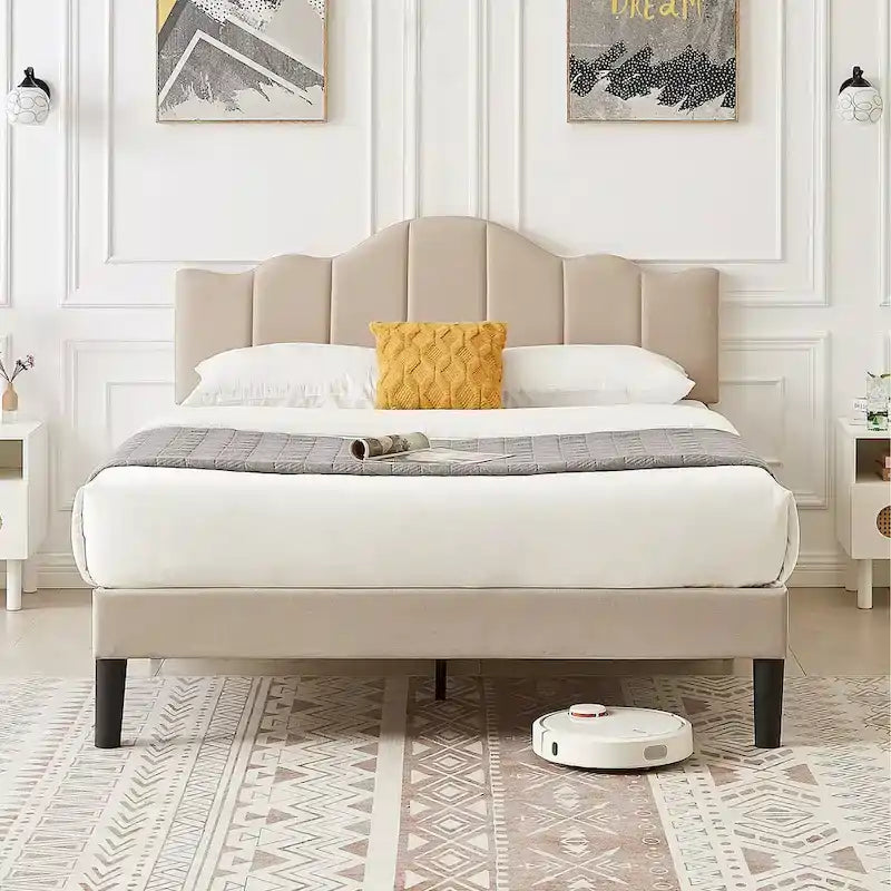 Javlergo Upholstered Platform Bed Frame with Adjustable Headboard, Wood Slat Support and Noise-Free, No Box Spring Needed