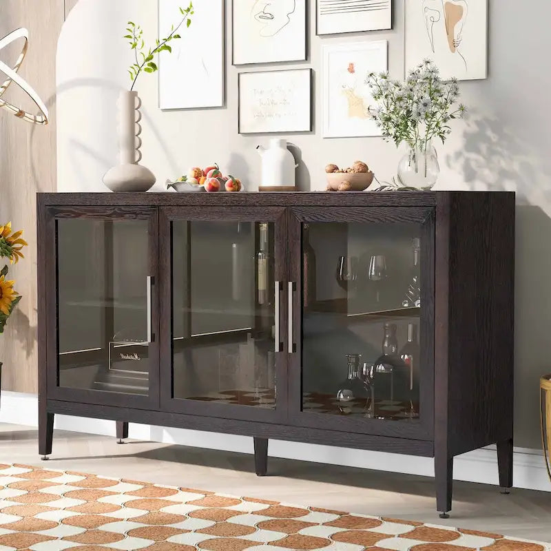 Wooden Storage Cabinet with 3 Tempered Glass Doors and Adjustable Shelf and Legs - 58.2L15.7W33.9H
