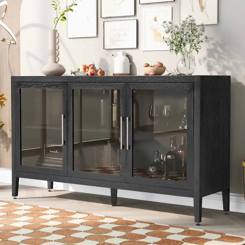 Wooden Storage Cabinet with 3 Tempered Glass Doors and Adjustable Shelf and Legs - 58.2L15.7W33.9H