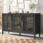 Wooden Storage Cabinet with 3 Tempered Glass Doors and Adjustable Shelf and Legs - 58.2L15.7W33.9H