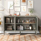Wooden Storage Cabinet with 3 Tempered Glass Doors and Adjustable Shelf and Legs - 58.2L15.7W33.9H