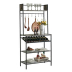 Black Marble Bakers Rack - Microwave Stand for Kitchen with Wine Bottle Capacity & Hooks -Black