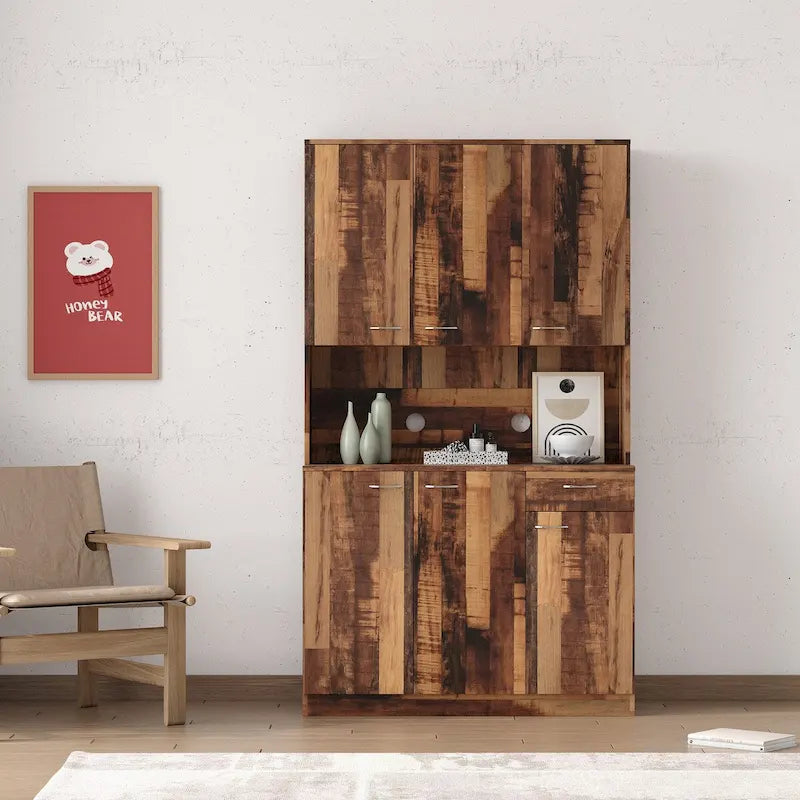 70.87 Tall Wardrobe& Kitchen Cabinet, with 6-Doors, 1-Open Shelves and 1-Drawer for bedroom