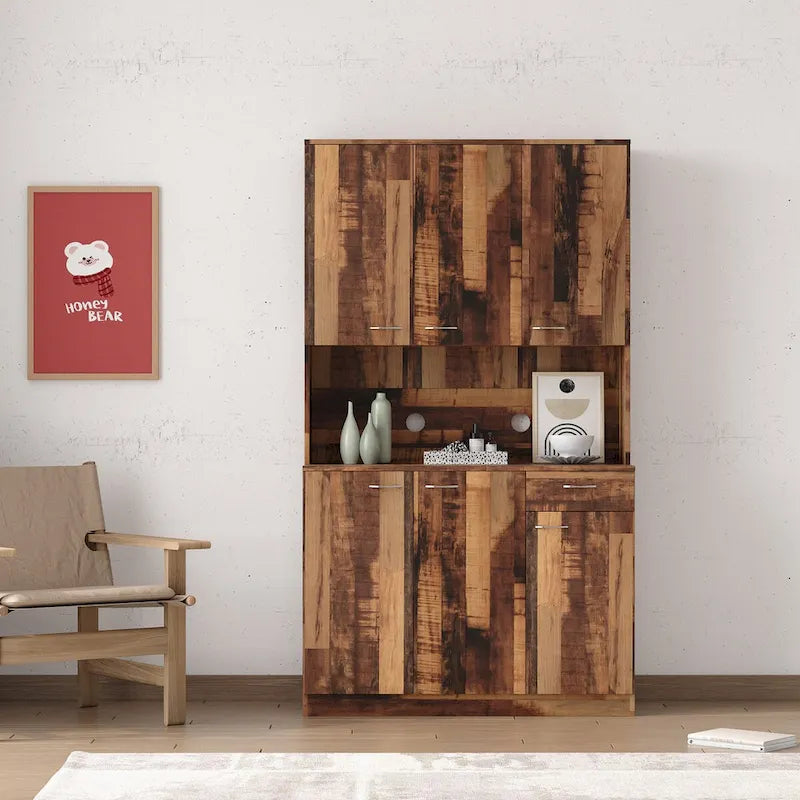 70.87 Tall Wardrobe& Kitchen Cabinet, with 6-Doors, 1-Open Shelves and 1-Drawer for bedroom
