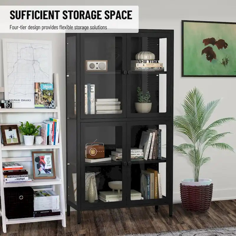 Glass Door Cabinet with Adjustable Shelves for Kitchen Living Room