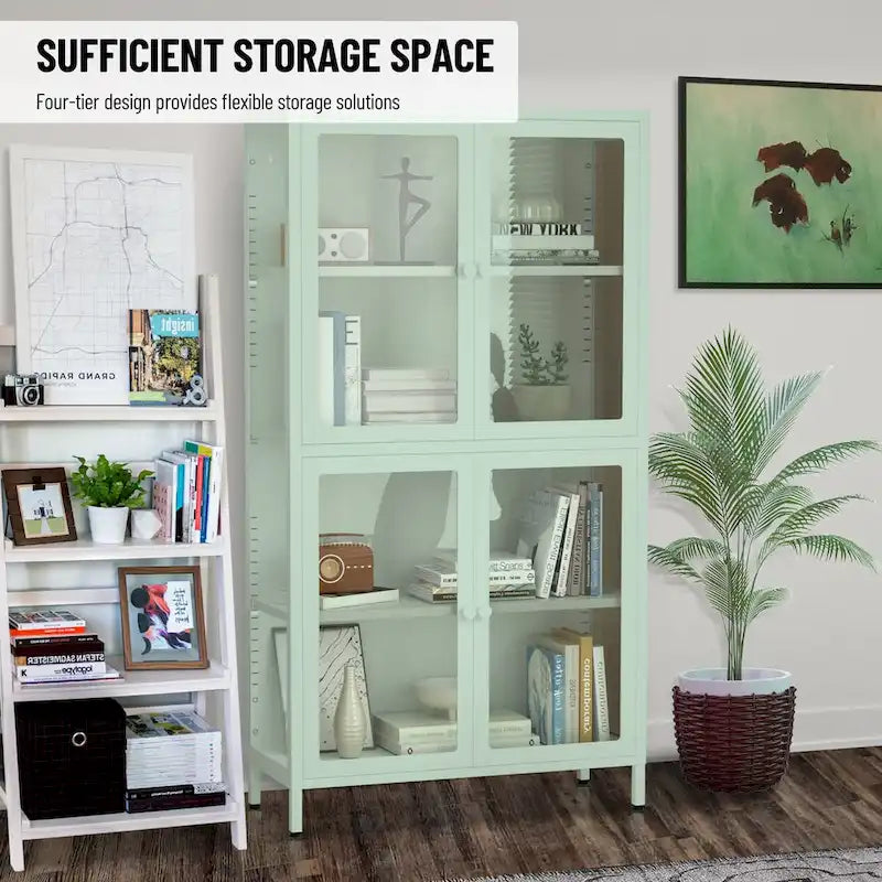Glass Door Cabinet with Adjustable Shelves for Kitchen Living Room