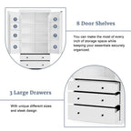 Freestanding Tall Cupboard Storage Cabinet w/ 8 Door Shelves, 3 Drawer
