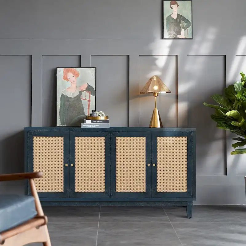Rattan Sideboard Buffer Cabinet,Accent Storage Cabinet With 4 Rattan Doors