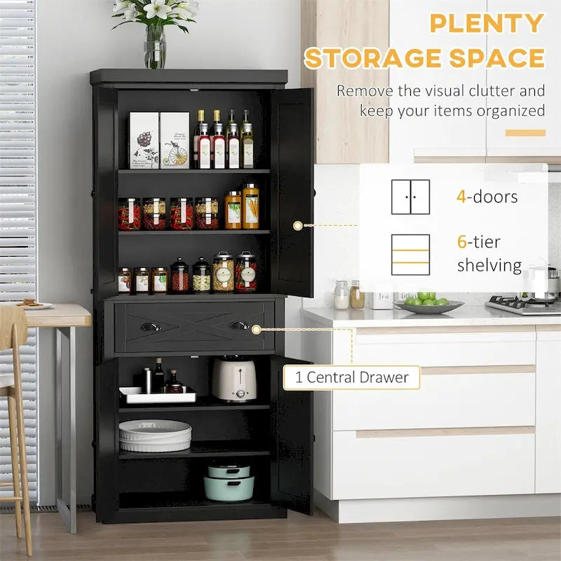 Freestanding 4 Door Kitchen Pantry Cabinet with 6-Tiers, 1 Drawer