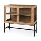 Arelius Light Brown Solid Wood w/ Black Iron Frame & 2 Glass Doors Accent Cabinet - 36.0L x 18.0W x 32.0H