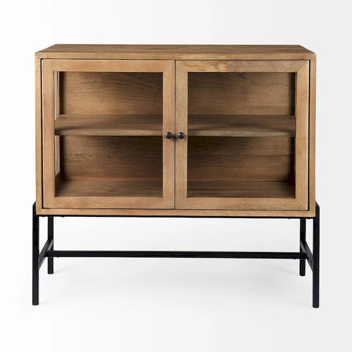 Arelius Light Brown Solid Wood w/ Black Iron Frame & 2 Glass Doors Accent Cabinet - 36.0L x 18.0W x 32.0H