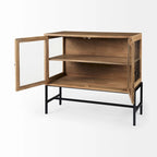 Arelius Light Brown Solid Wood w/ Black Iron Frame & 2 Glass Doors Accent Cabinet - 36.0L x 18.0W x 32.0H