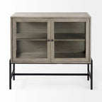 Arelius Light Brown Solid Wood w/ Black Iron Frame & 2 Glass Doors Accent Cabinet - 36.0L x 18.0W x 32.0H