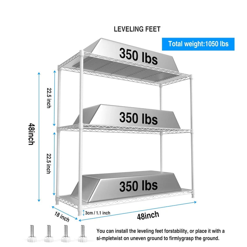 3 Tier Wire Shelving Unit, 1050 LBS NSF Height Adjustable Garage Storage Shelves, Heavy Duty Storage Wire Rack Metal Shelves