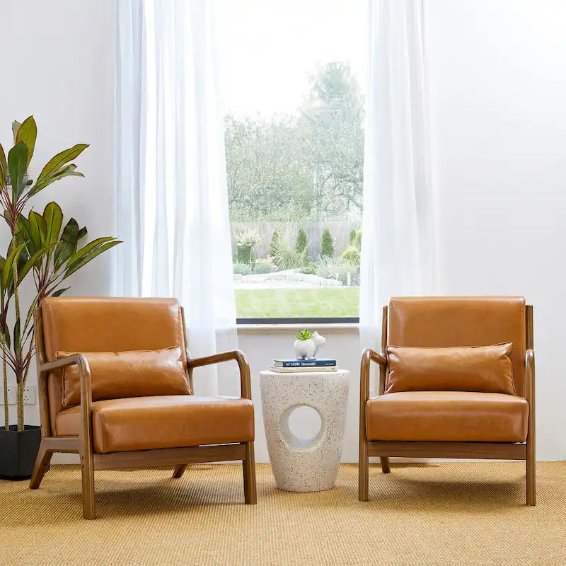 Glitzhome Set of 2 30.75 H Mid-Century Modern PU Leather Accent Chairs with Cushion - 25.75 W x 33.75 D x 30.75 H