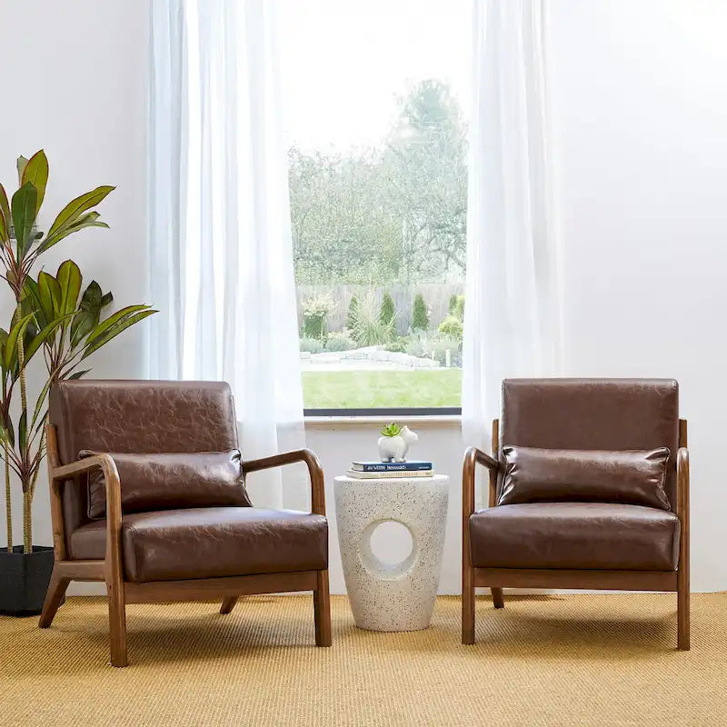 Glitzhome Set of 2 30.75 H Mid-Century Modern PU Leather Accent Chairs with Cushion - 25.75 W x 33.75 D x 30.75 H