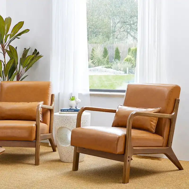 Glitzhome Set of 2 30.75 H Mid-Century Modern PU Leather Accent Chairs with Cushion - 25.75 W x 33.75 D x 30.75 H