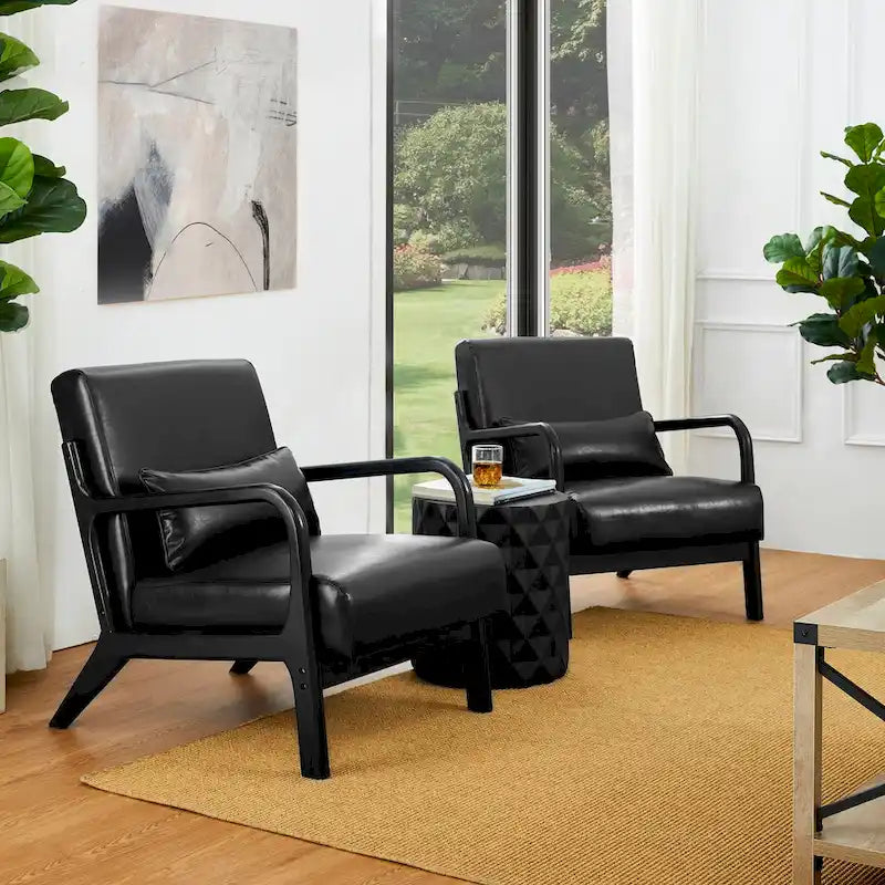 Glitzhome Set of 2 30.75 H Mid-Century Modern PU Leather Accent Chairs with Cushion - 25.75 W x 33.75 D x 30.75 H