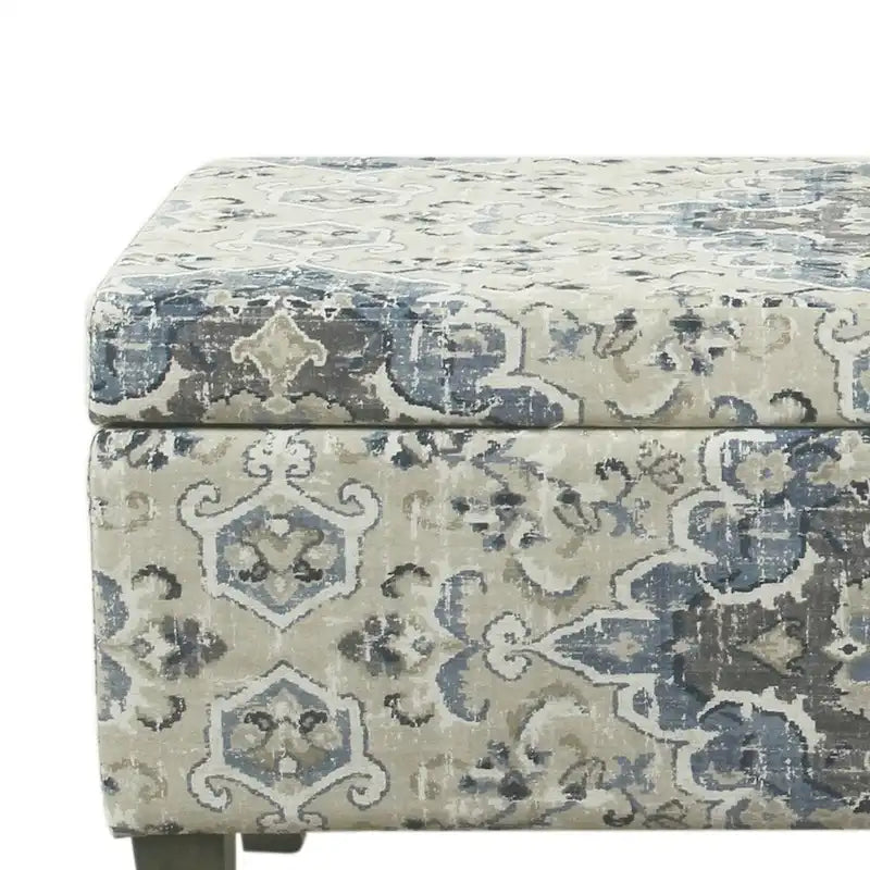Medallion Print Fabric Upholstered Wooden Bench With Hinged Storage, Large, Blue and Cream