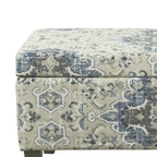 Medallion Print Fabric Upholstered Wooden Bench With Hinged Storage, Large, Blue and Cream
