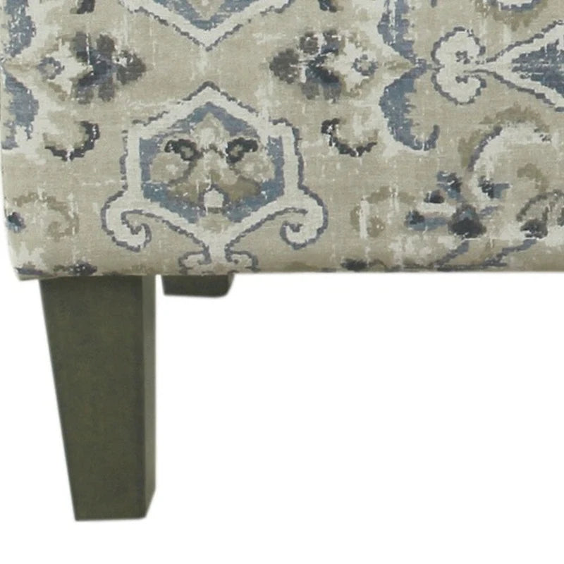 Medallion Print Fabric Upholstered Wooden Bench With Hinged Storage, Large, Blue and Cream