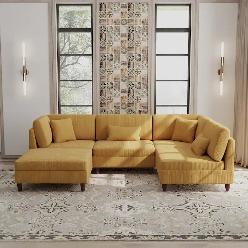 Corduroy Modular Sectional 5 Piece Sofa with Ottoman