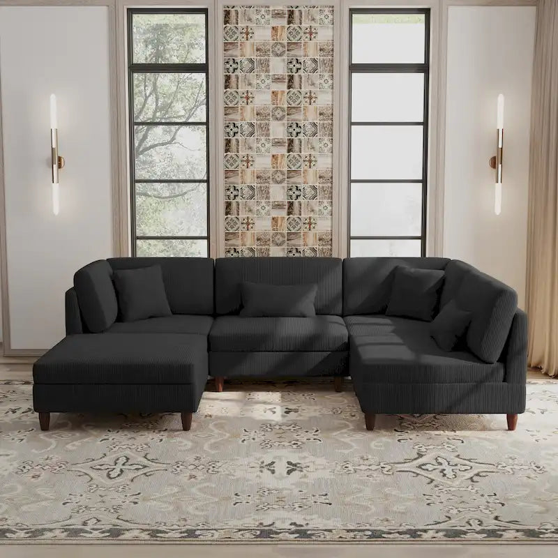 Corduroy Modular Sectional 5 Piece Sofa with Ottoman