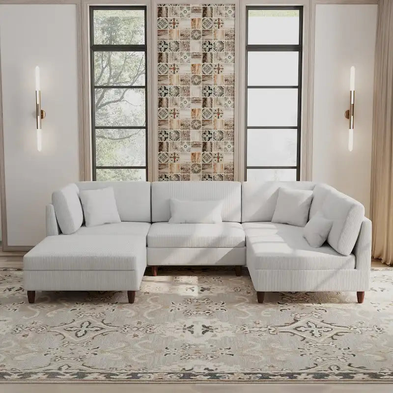 Corduroy Modular Sectional 5 Piece Sofa with Ottoman