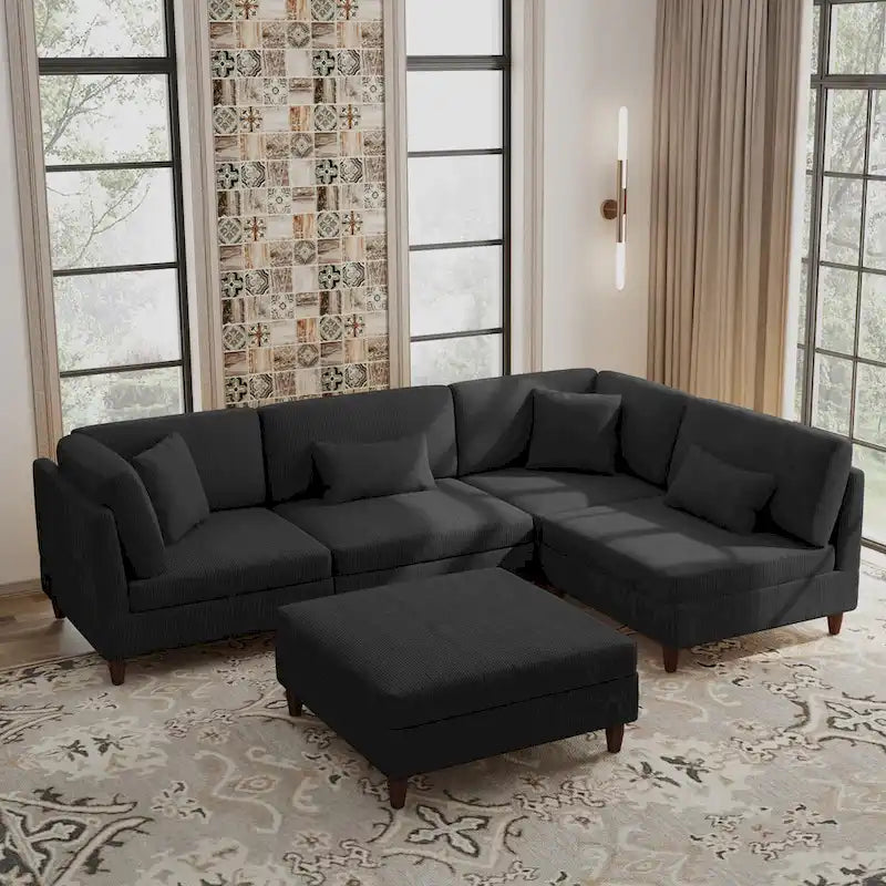 Corduroy Modular Sectional 5 Piece Sofa with Ottoman