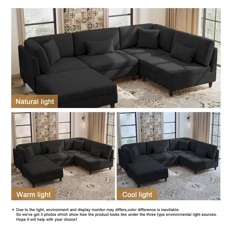 Corduroy Modular Sectional 5 Piece Sofa with Ottoman