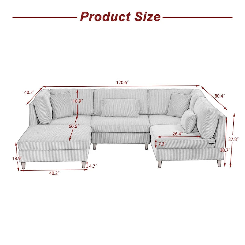 Corduroy Modular Sectional 5 Piece Sofa with Ottoman