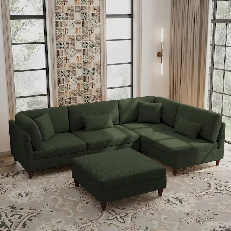 Corduroy Modular Sectional 5 Piece Sofa with Ottoman