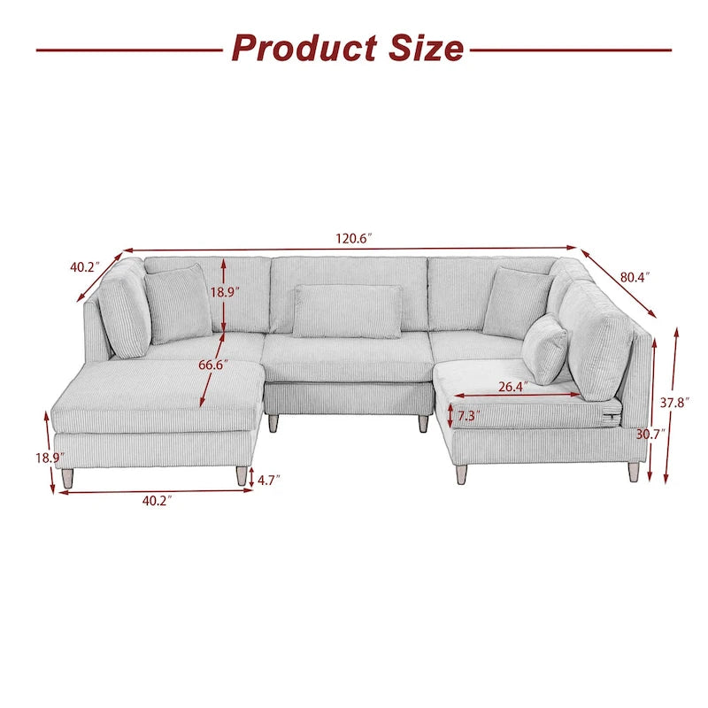Corduroy Modular Sectional 5 Piece Sofa with Ottoman