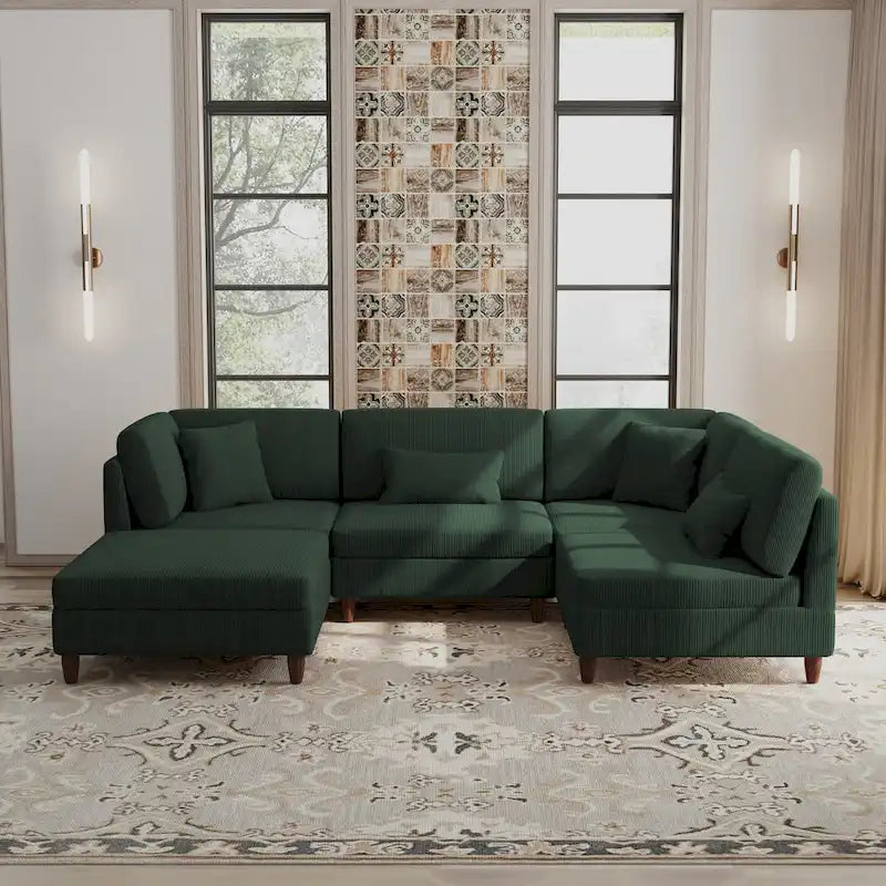 Corduroy Modular Sectional 5 Piece Sofa with Ottoman