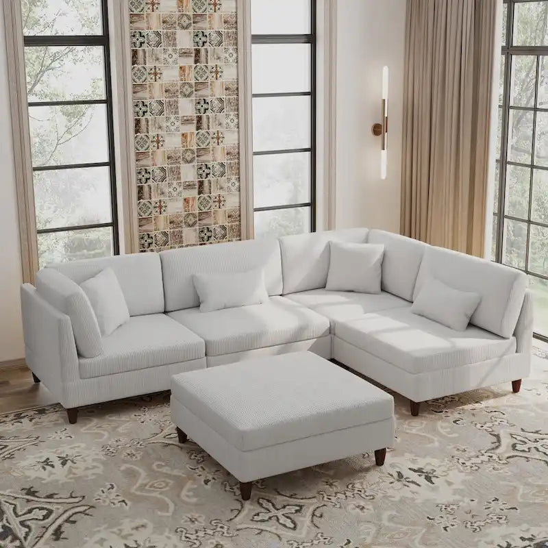 Corduroy Modular Sectional 5 Piece Sofa with Ottoman