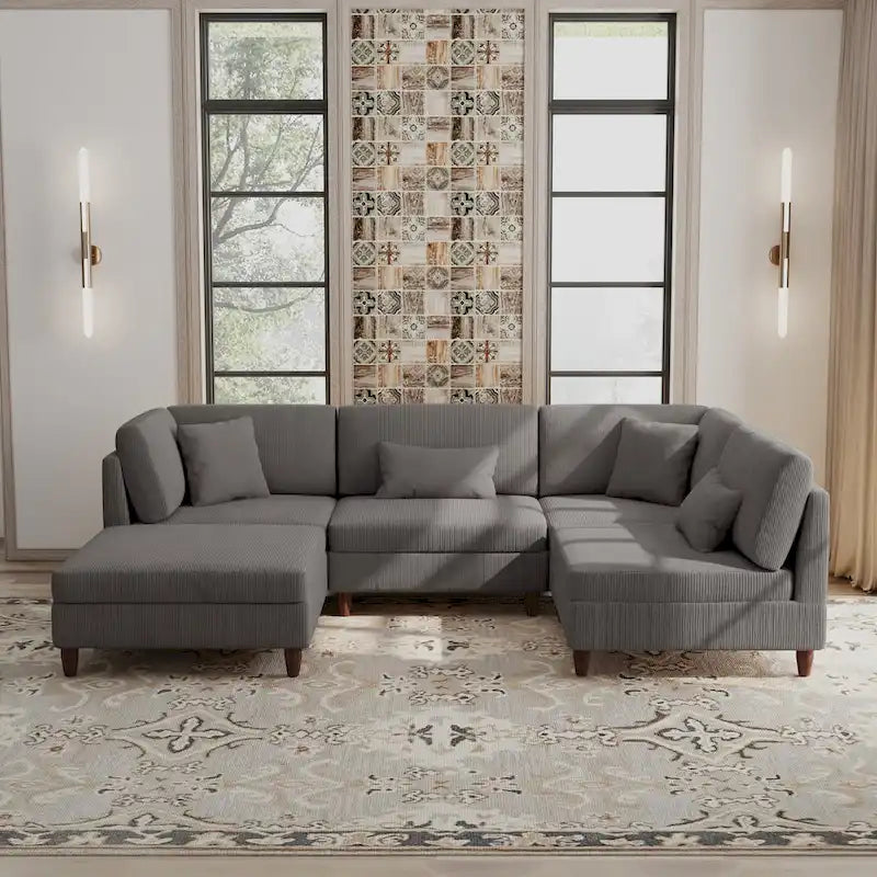 Corduroy Modular Sectional 5 Piece Sofa with Ottoman