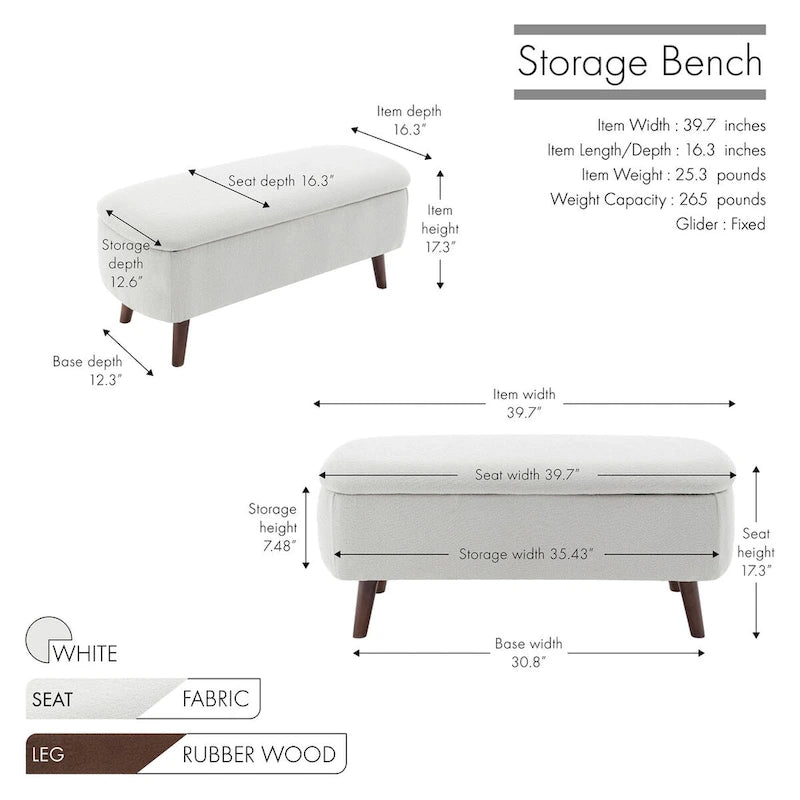 Porthos Home Celia Boucle Fabric Storage Bench with Rubberwood Legs