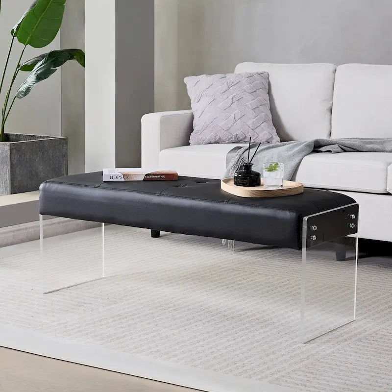 Javlergo Upholstered Entryway Bench, Faux Leather Bedroom/Living Room Bench, Acrylic Base 44.7-inch